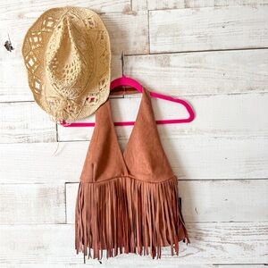 Faux Suede Fringe Halter Crop Top - Rust Brown